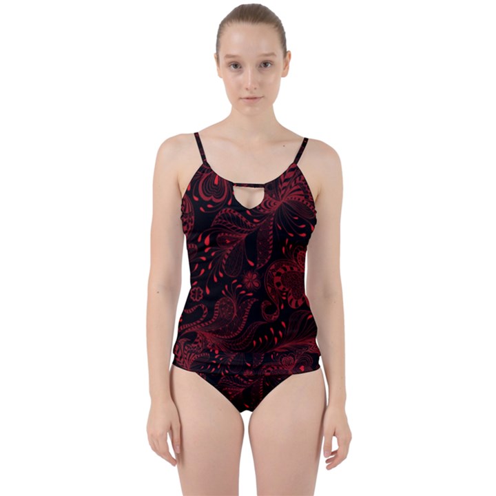 Seamless Dark Burgundy Red seamless tiny florals Cut Out Top Tankini Set