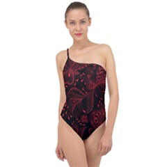 Seamless Dark Burgundy Red Seamless Tiny Florals Classic One Shoulder Swimsuit by flipstylezfashionsLLC