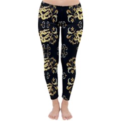 Golden Flowers On Black With Tiny Gold Dragons Created By Kiekie Strickland Classic Winter Leggings by flipstylezfashionsLLC