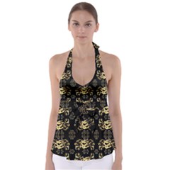 Golden Flowers On Black With Tiny Gold Dragons Created By Kiekie Strickland Babydoll Tankini Top by flipstylezfashionsLLC