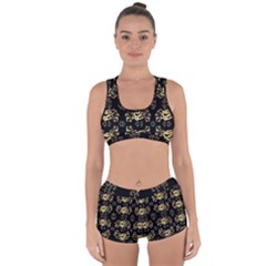 Golden Flowers On Black With Tiny Gold Dragons Created By Kiekie Strickland Racerback Boyleg Bikini Set by flipstylezfashionsLLC