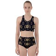 Golden Flowers On Black With Tiny Gold Dragons Created By Kiekie Strickland Racer Back Bikini Set by flipstylezfashionsLLC