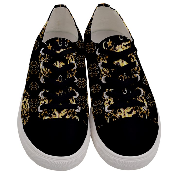 golden flowers on black with tiny gold dragons created by Kiekie Strickland Men s Low Top Canvas Sneakers