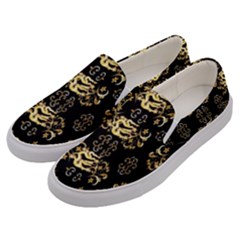 Golden Flowers On Black With Tiny Gold Dragons Created By Kiekie Strickland Men s Canvas Slip Ons by flipstylezfashionsLLC