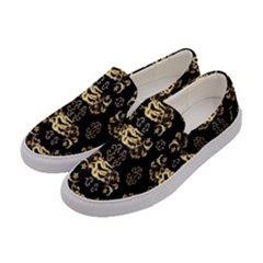 Golden Flowers On Black With Tiny Gold Dragons Created By Kiekie Strickland Women s Canvas Slip Ons by flipstylezfashionsLLC