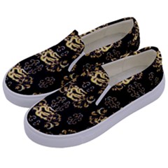 Golden Flowers On Black With Tiny Gold Dragons Created By Kiekie Strickland Kids  Canvas Slip Ons by flipstylezfashionsLLC