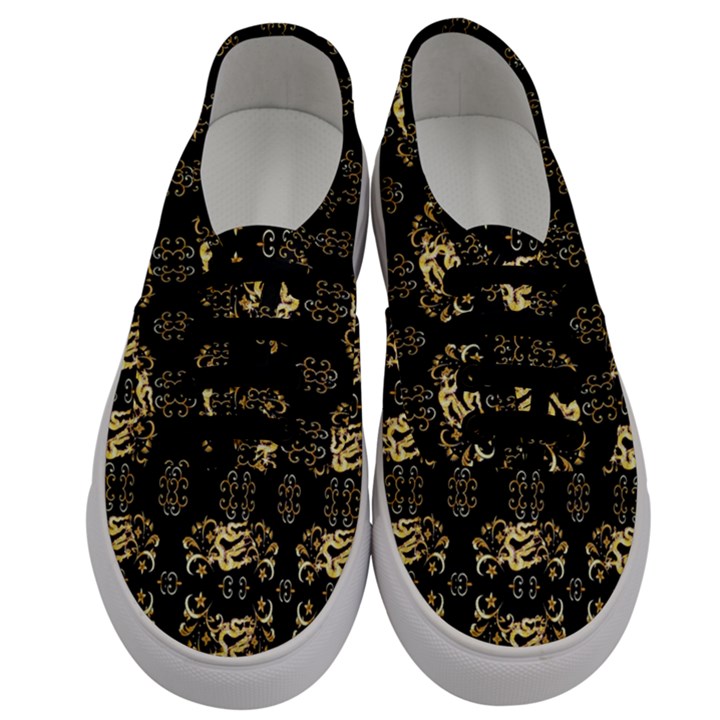 golden flowers on black with tiny gold dragons created by Kiekie Strickland Men s Classic Low Top Sneakers