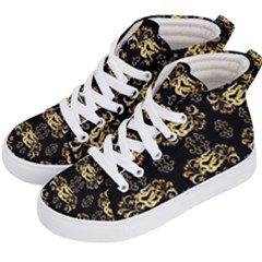 Golden Flowers On Black With Tiny Gold Dragons Created By Kiekie Strickland Kid s Hi-top Skate Sneakers by flipstylezfashionsLLC