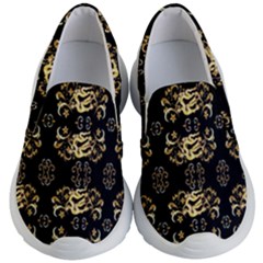 Golden Flowers On Black With Tiny Gold Dragons Created By Kiekie Strickland Kid s Lightweight Slip Ons by flipstylezfashionsLLC