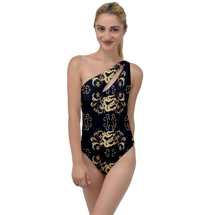 golden flowers on black with tiny gold dragons created by Kiekie Strickland To One Side Swimsuit