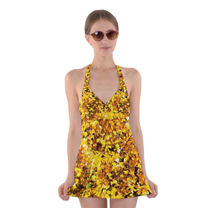 Birch Tree Yellow Leaves Halter Dress Swimsuit 