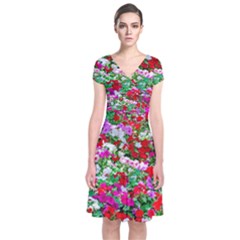 Colorful Petunia Flowers Short Sleeve Front Wrap Dress