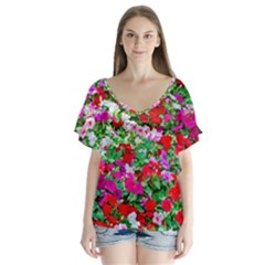 Colorful Petunia Flowers V-neck Flutter Sleeve Top by FunnyCow