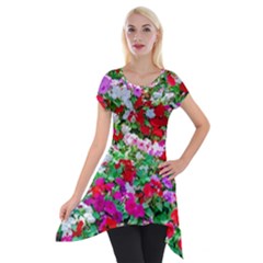 Colorful Petunia Flowers Short Sleeve Side Drop Tunic by FunnyCow