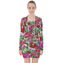 Colorful Petunia Flowers V-neck Bodycon Long Sleeve Dress by FunnyCow