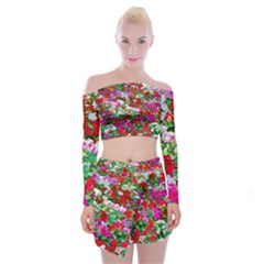 Colorful Petunia Flowers Off Shoulder Top with Mini Skirt Set