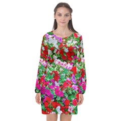 Colorful Petunia Flowers Long Sleeve Chiffon Shift Dress  by FunnyCow