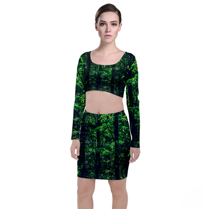 Emerald Forest Long Sleeve Crop Top & Bodycon Skirt Set