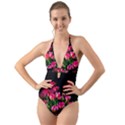 Pink Tulips Dark Background Halter Cut-Out One Piece Swimsuit View1