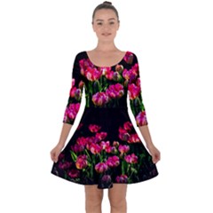 Pink Tulips Dark Background Quarter Sleeve Skater Dress by FunnyCow