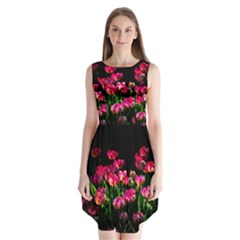 Pink Tulips Dark Background Sleeveless Chiffon Dress   by FunnyCow