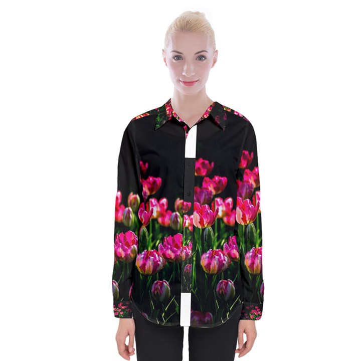 Pink Tulips Dark Background Womens Long Sleeve Shirt