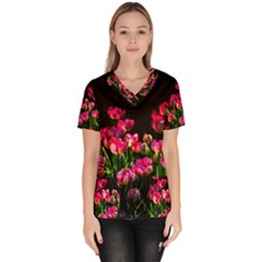 Pink Tulips Dark Background Scrub Top by FunnyCow