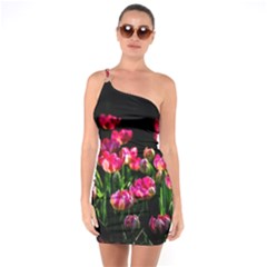 Pink Tulips Dark Background One Soulder Bodycon Dress by FunnyCow