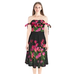 Pink Tulips Dark Background Shoulder Tie Bardot Midi Dress by FunnyCow