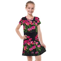 Pink Tulips Dark Background Kids  Cross Web Dress by FunnyCow