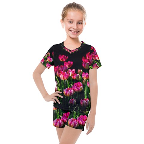 Pink Tulips Dark Background Kids  Mesh Tee And Shorts Set by FunnyCow