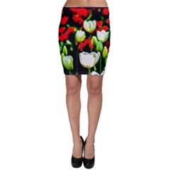 White And Red Sunlit Tulips Bodycon Skirt by FunnyCow