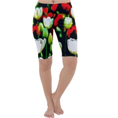 White And Red Sunlit Tulips Cropped Leggings  by FunnyCow