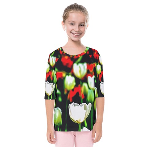 White And Red Sunlit Tulips Kids  Quarter Sleeve Raglan Tee by FunnyCow