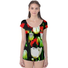 White And Red Sunlit Tulips Boyleg Leotard  by FunnyCow