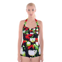 White And Red Sunlit Tulips Boyleg Halter Swimsuit  by FunnyCow