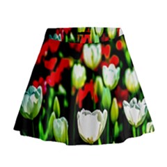 White And Red Sunlit Tulips Mini Flare Skirt by FunnyCow