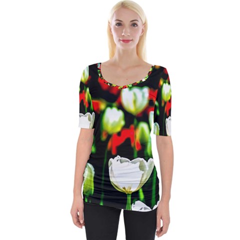 White And Red Sunlit Tulips Wide Neckline Tee by FunnyCow