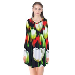 White And Red Sunlit Tulips Long Sleeve V-neck Flare Dress by FunnyCow