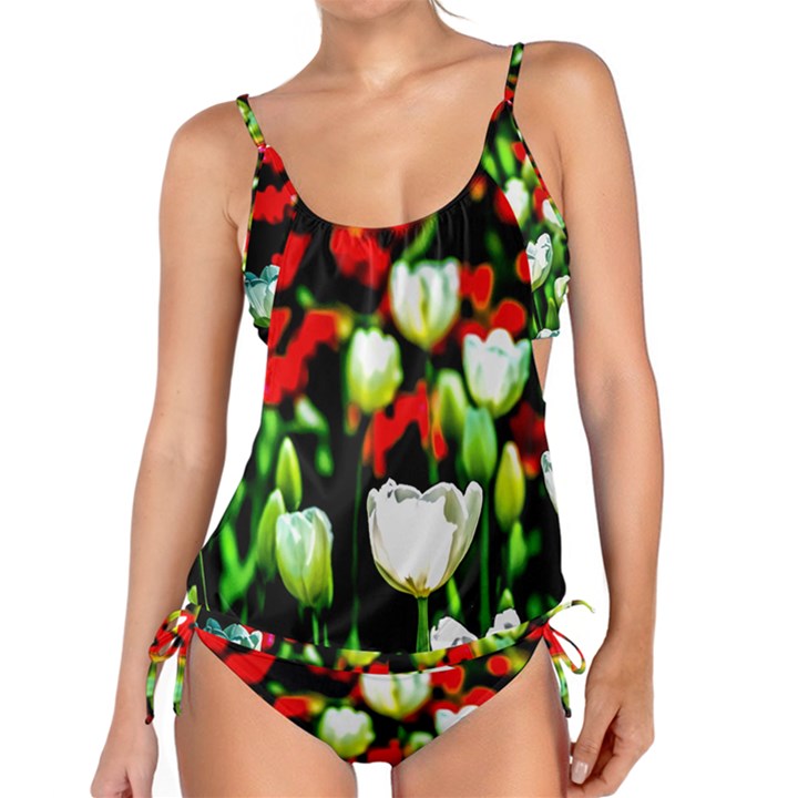 White And Red Sunlit Tulips Tankini Set