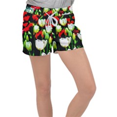 White And Red Sunlit Tulips Women s Velour Lounge Shorts by FunnyCow