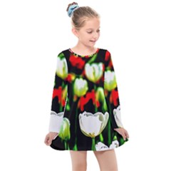 White And Red Sunlit Tulips Kids  Long Sleeve Dress by FunnyCow