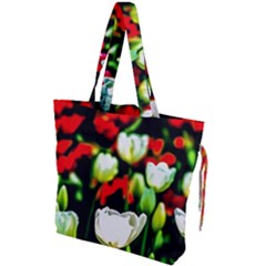 White And Red Sunlit Tulips Drawstring Tote Bag by FunnyCow