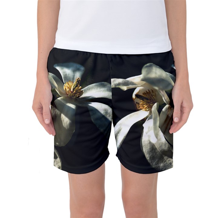 Two White Magnolia Flowers Women s Basketball Shorts