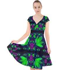 Fantasy Flowers In Moonlight Serenades Cap Sleeve Front Wrap Midi Dress