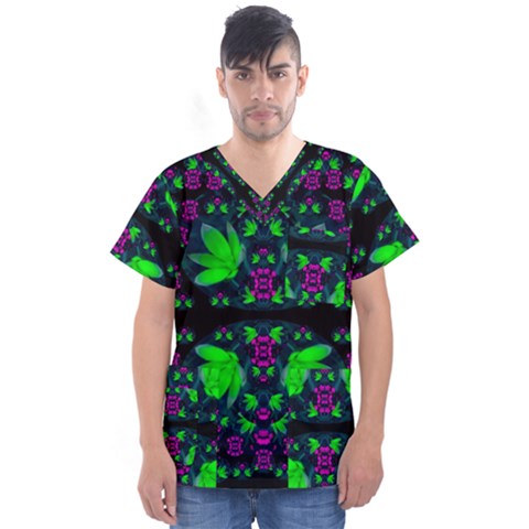 Fantasy Flowers In Moonlight Serenades Men s V-neck Scrub Top by pepitasart