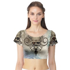 Awesome Creepy Skull With  Wings Short Sleeve Crop Top by FantasyWorld7