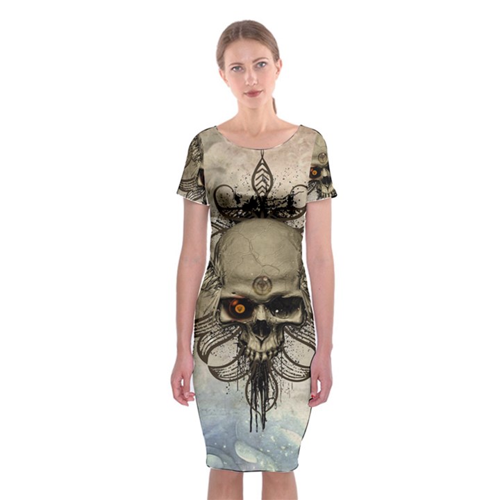 Awesome Creepy Skull With  Wings Classic Short Sleeve Midi Dress