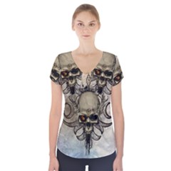 Awesome Creepy Skull With  Wings Short Sleeve Front Detail Top by FantasyWorld7