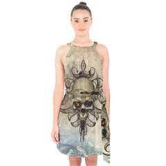 Awesome Creepy Skull With  Wings Halter Collar Waist Tie Chiffon Dress by FantasyWorld7